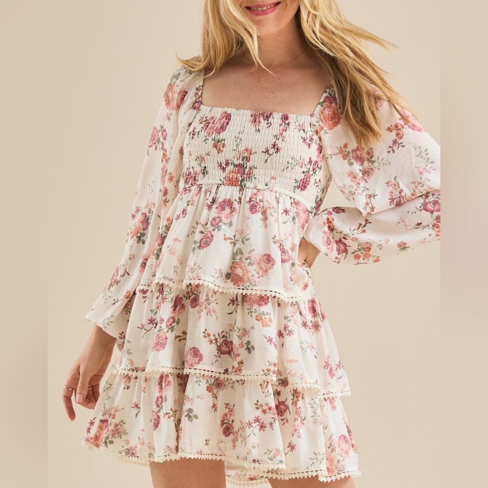 Altar’d State - Eden Floral Mini Dress in Cream/Pink, S